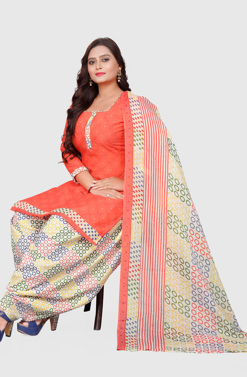 Peach Cotton Blend Printed Unstitched Salwar Suit Material