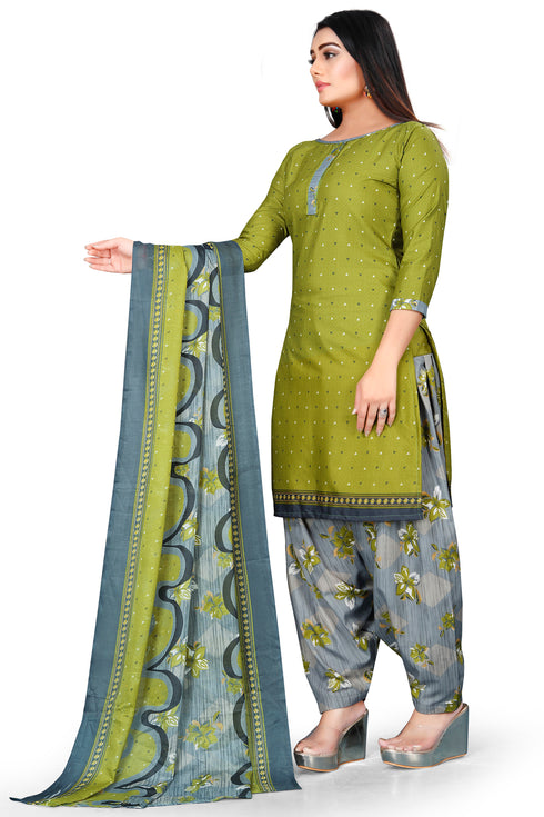 Green Cotton Blend Printed Unstitched Salwar Suit Material