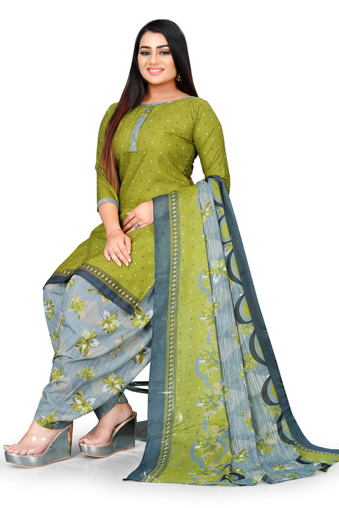 Green Cotton Blend Printed Unstitched Salwar Suit Material