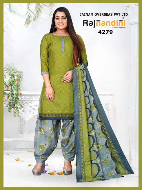 Green Cotton Blend Printed Unstitched Salwar Suit Material