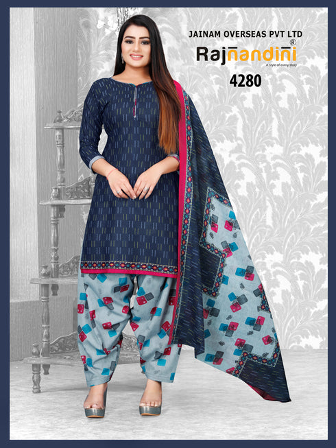 Navy Blue Cotton Blend Printed Unstitched Salwar Suit Material