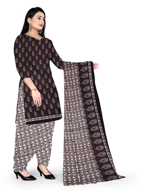 Brown & Beige Cotton Blend Printed Unstitched Salwar Suit Material
