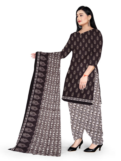 Brown & Beige Cotton Blend Printed Unstitched Salwar Suit Material