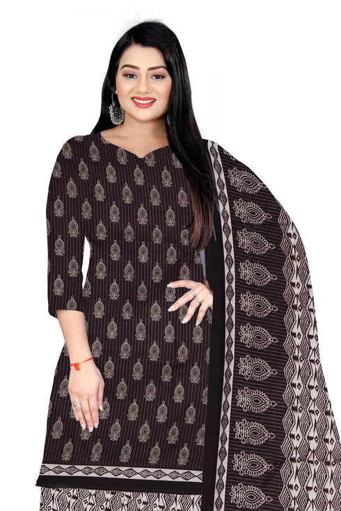 Brown & Beige Cotton Blend Printed Unstitched Salwar Suit Material