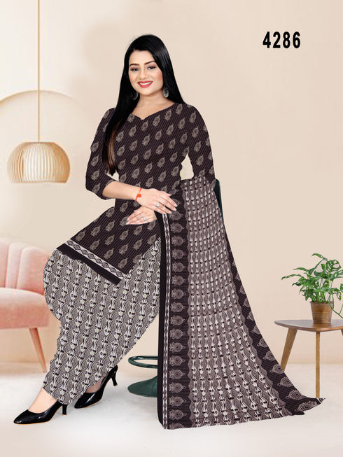 Brown & Beige Cotton Blend Printed Unstitched Salwar Suit Material