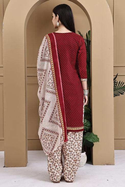 Maroon Cotton Blend Printed Readymade Patiala Salwar Suit