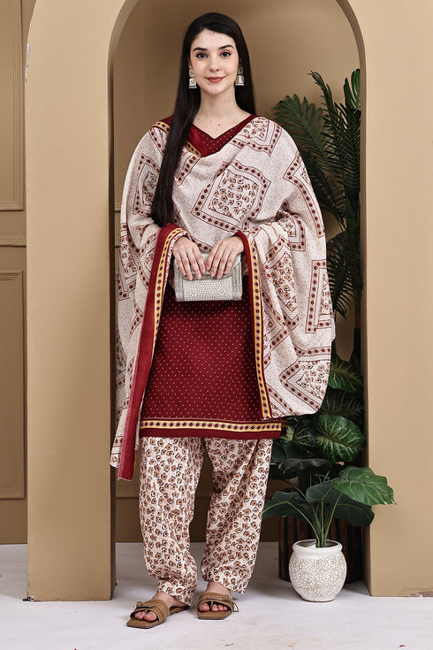Maroon Cotton Blend Printed Readymade Patiala Salwar Suit