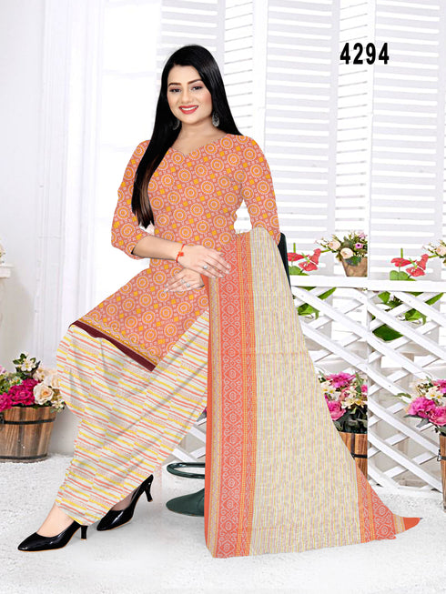Light OrangeCotton Blend Printed Unstitched Salwar Suit Material