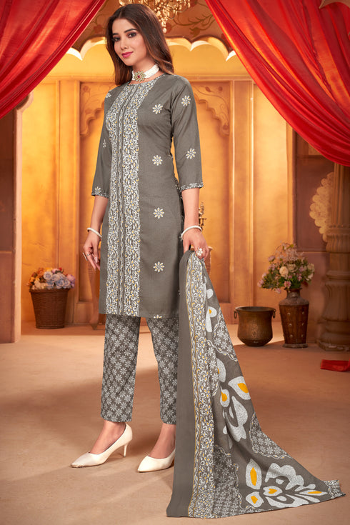 Grey & White Cotton Blend Embroidered Unstitched Salwar Suit Material