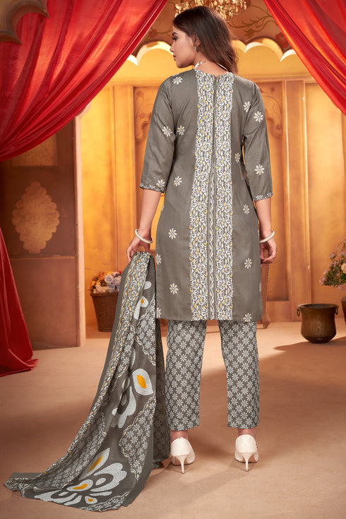 Grey & White Cotton Blend Embroidered Unstitched Salwar Suit Material