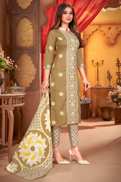 Beige & White Cotton Blend Embroidered Unstitched Salwar Suit Material