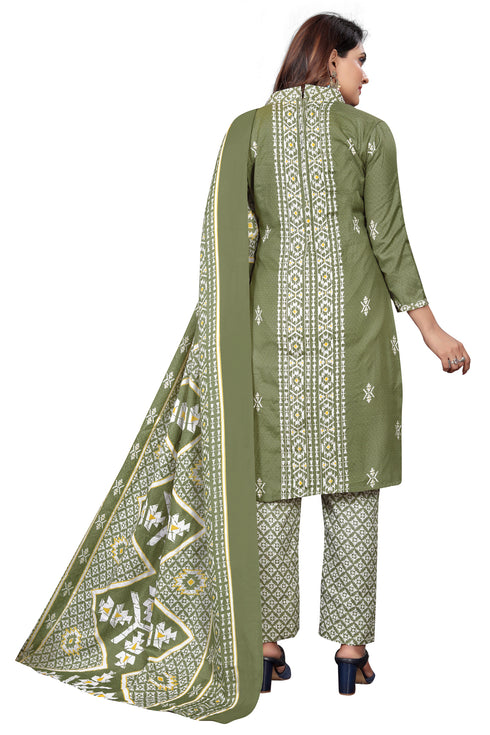 Green & White Cotton Blend Embroidered Unstitched Salwar Suit Material