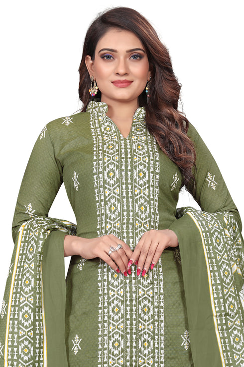 Green & White Cotton Blend Embroidered Unstitched Salwar Suit Material