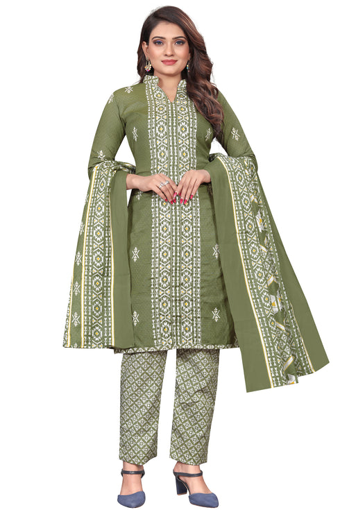 Green & White Cotton Blend Embroidered Unstitched Salwar Suit Material