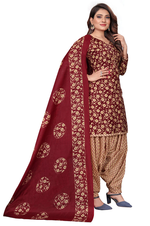 Maroon & Beige Cotton Blend Printed Unstitched Salwar Suit Material