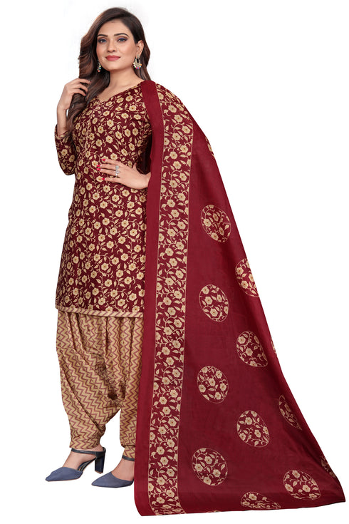 Maroon & Beige Cotton Blend Printed Unstitched Salwar Suit Material