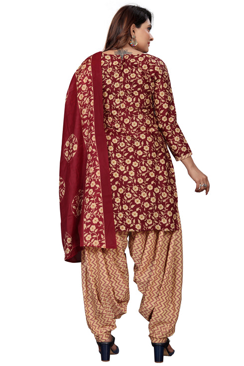 Maroon & Beige Cotton Blend Printed Unstitched Salwar Suit Material