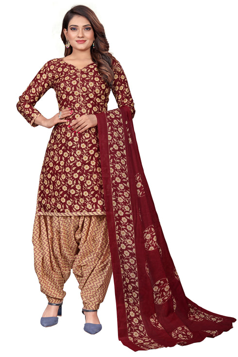 Maroon & Beige Cotton Blend Printed Unstitched Salwar Suit Material