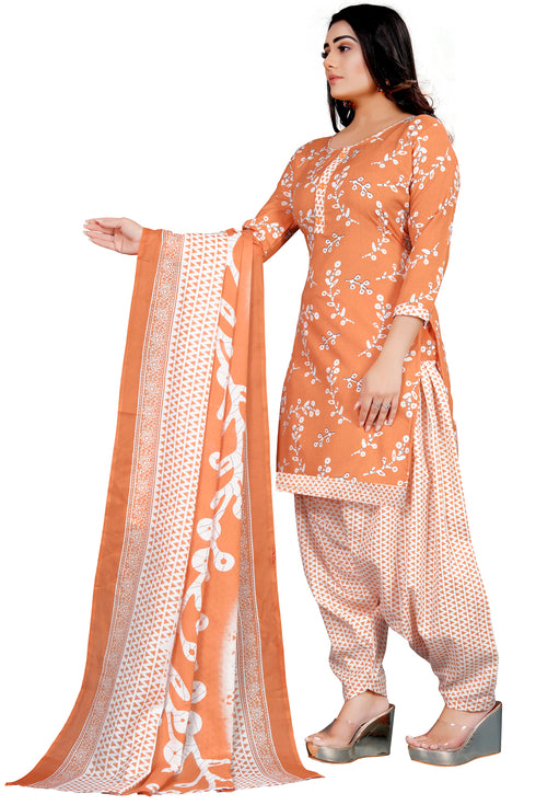 Light Orange & White Cotton Blend Printed Unstitched Salwar Suit Material