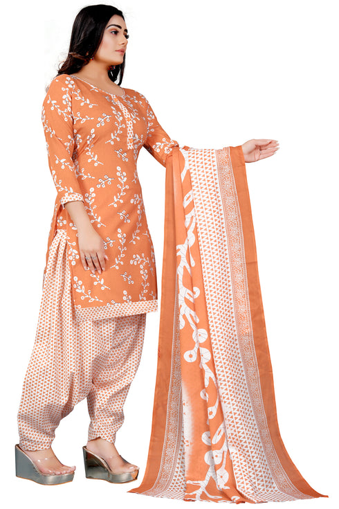 Light Orange & White Cotton Blend Printed Unstitched Salwar Suit Material