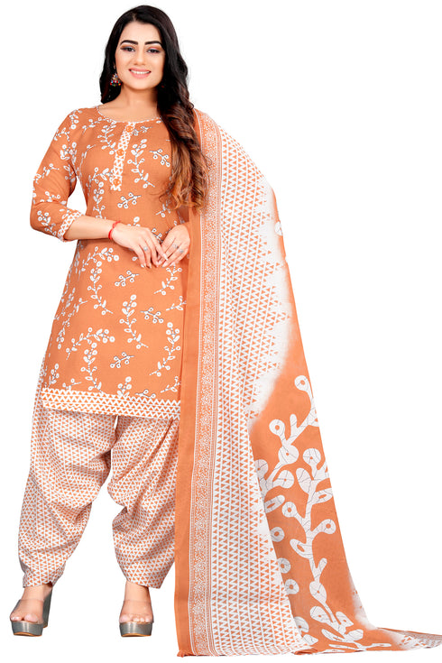 Light Orange & White Cotton Blend Printed Unstitched Salwar Suit Material
