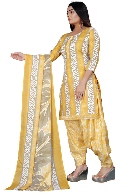 Yellow & White Cotton Blend Printed Unstitched Salwar Suit Material