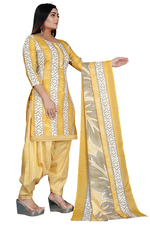 Yellow & White Cotton Blend Printed Unstitched Salwar Suit Material