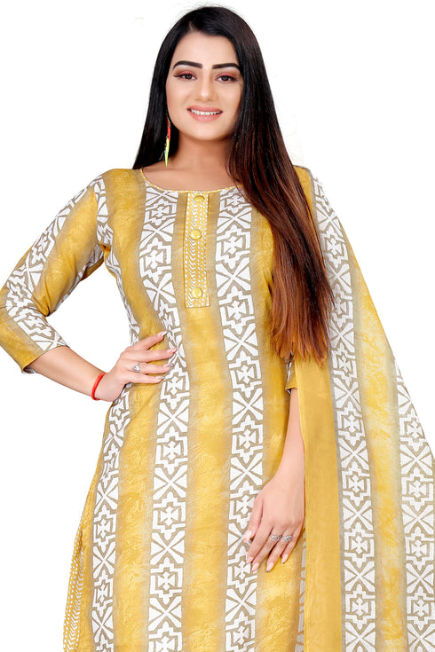 Yellow & White Cotton Blend Printed Unstitched Salwar Suit Material