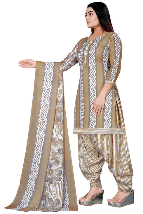 Grey & Beige Cotton Blend Printed Unstitched Salwar Suit Material