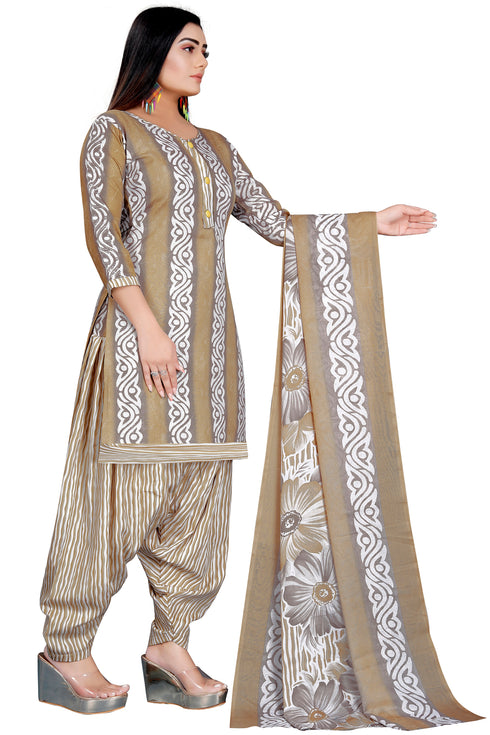 Grey & Beige Cotton Blend Printed Unstitched Salwar Suit Material