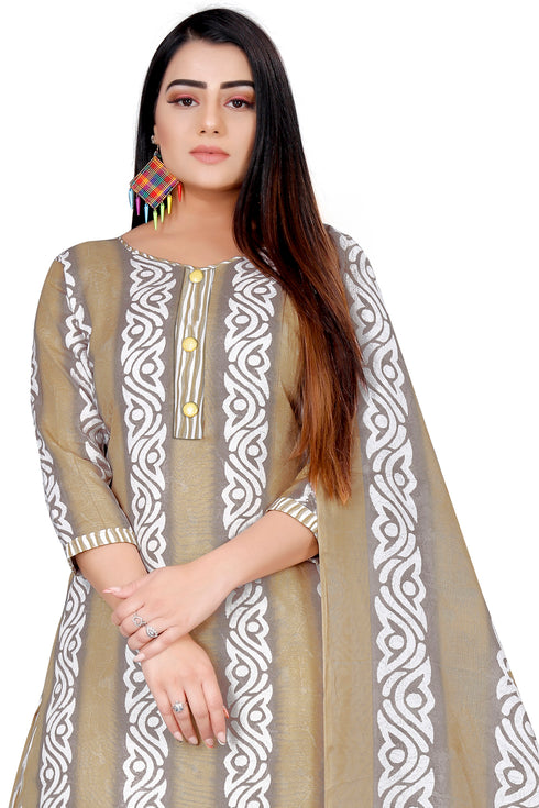 Grey & Beige Cotton Blend Printed Unstitched Salwar Suit Material