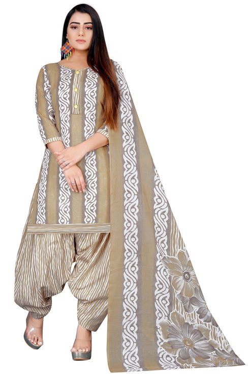 Grey & Beige Cotton Blend Printed Unstitched Salwar Suit Material