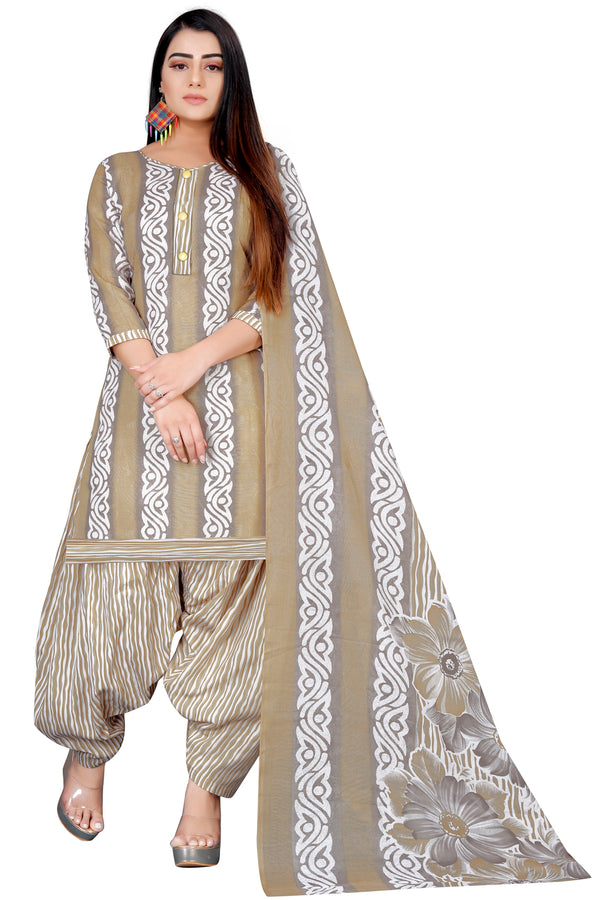 Grey & Beige Cotton Blend Printed Unstitched Salwar Suit Material
