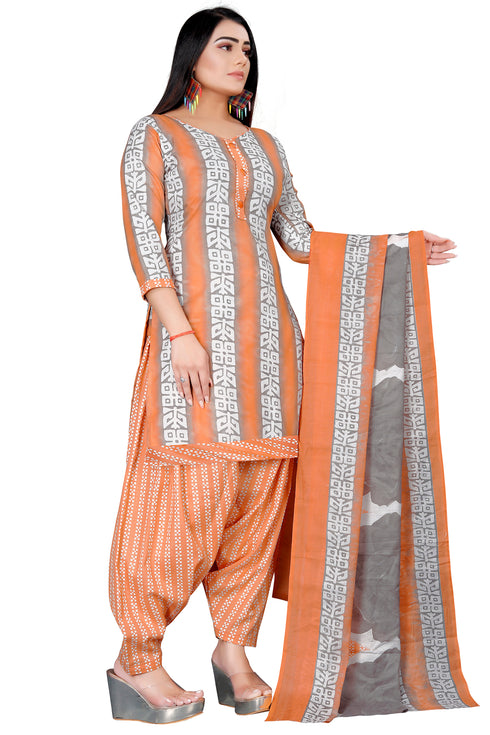 Light Orange & Grey Cotton Blend Printed Unstitched Salwar Suit Material