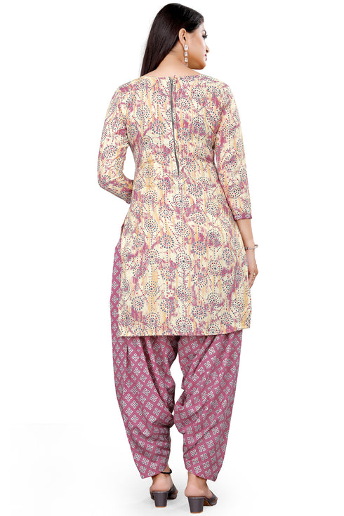 Beige & Light Purple Cotton Blend Printed Unstitched Salwar Suit Material