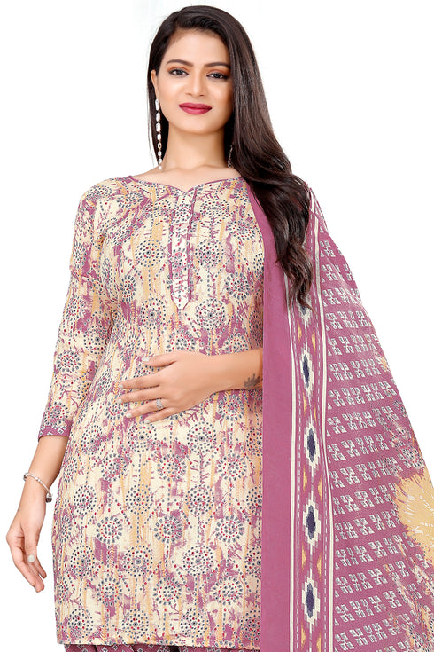 Beige & Light Purple Cotton Blend Printed Unstitched Salwar Suit Material