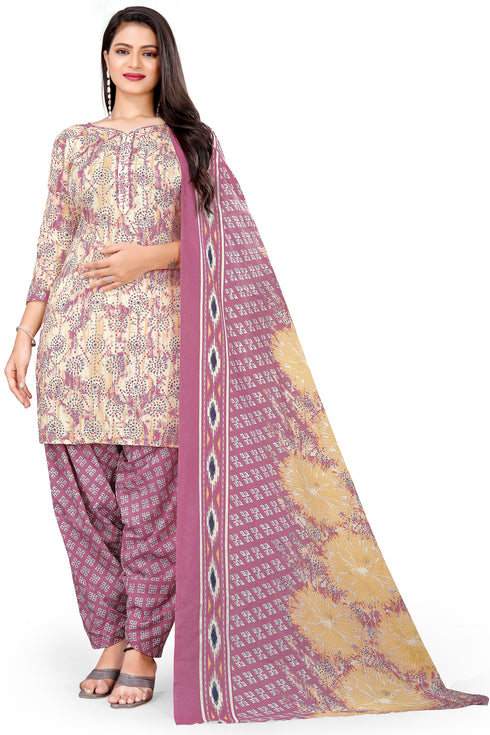 Beige & Light Purple Cotton Blend Printed Unstitched Salwar Suit Material