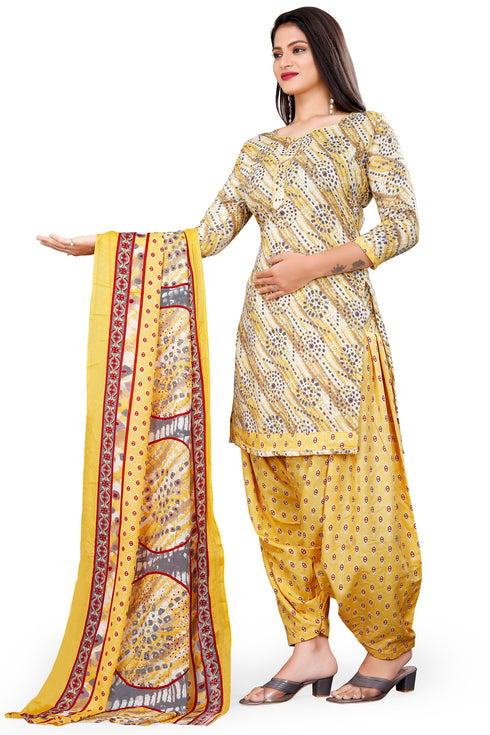Yellow & Grey Cotton Blend Printed Unstitched Salwar Suit Material
