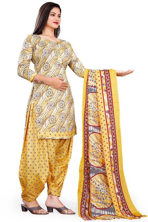 Yellow & Grey Cotton Blend Printed Unstitched Salwar Suit Material