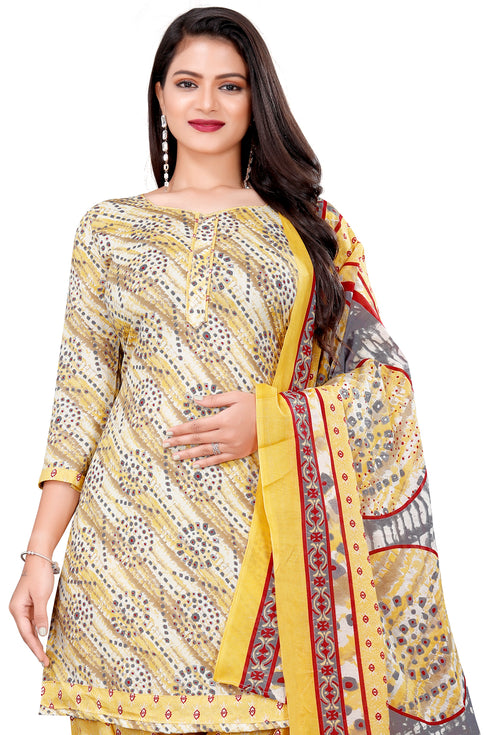 Yellow & Grey Cotton Blend Printed Unstitched Salwar Suit Material