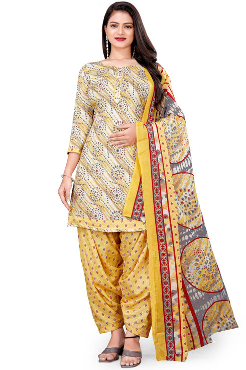 Yellow & Grey Cotton Blend Printed Unstitched Salwar Suit Material