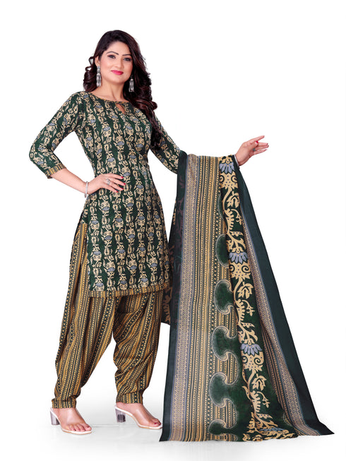 Green & Beige Cotton Blend Printed Unstitched Salwar Suit Material