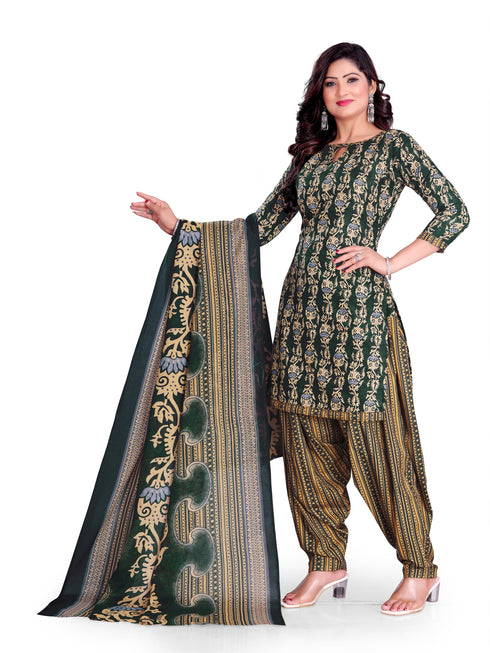 Green & Beige Cotton Blend Printed Unstitched Salwar Suit Material