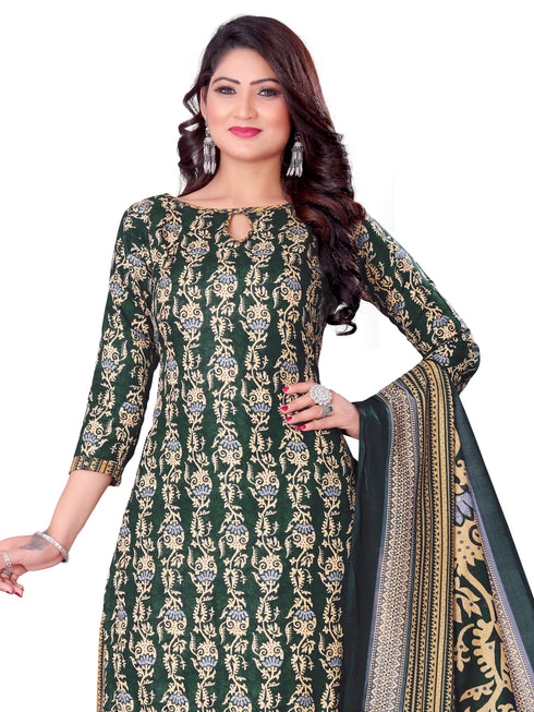 Green & Beige Cotton Blend Printed Unstitched Salwar Suit Material