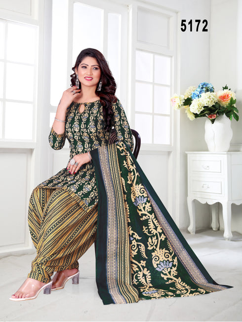 Green & Beige Cotton Blend Printed Unstitched Salwar Suit Material