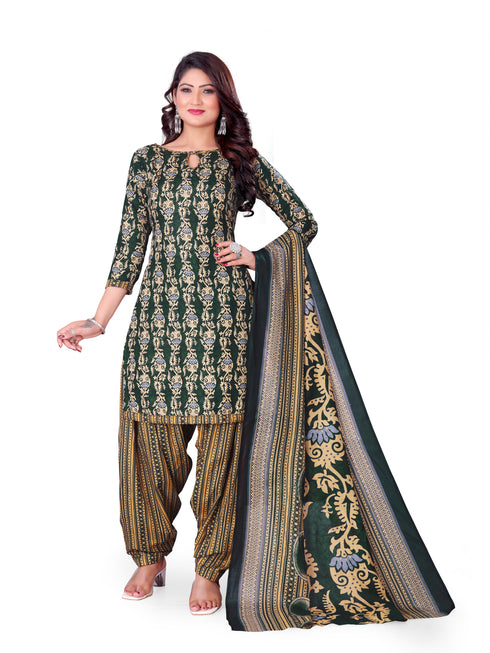 Green & Beige Cotton Blend Printed Unstitched Salwar Suit Material