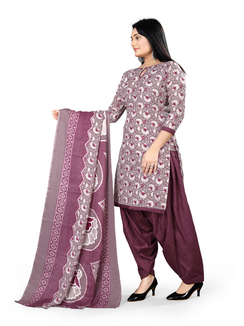 Mauve Cotton Blend Printed Unstitched Salwar Suit Material