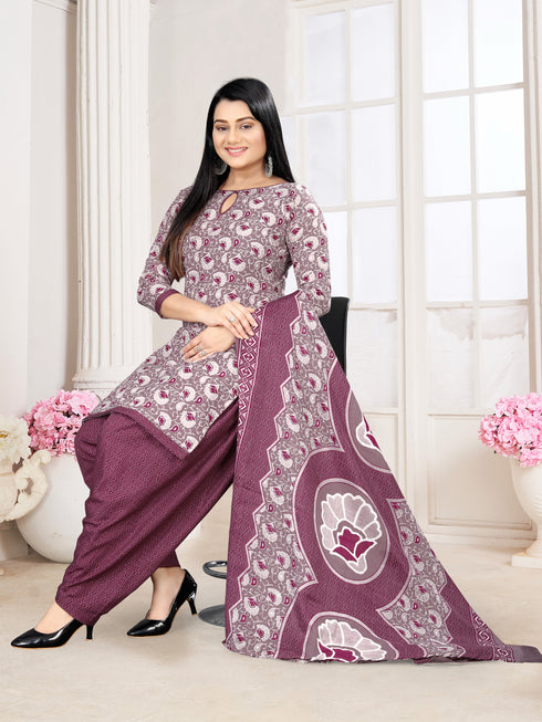 Mauve Cotton Blend Printed Unstitched Salwar Suit Material