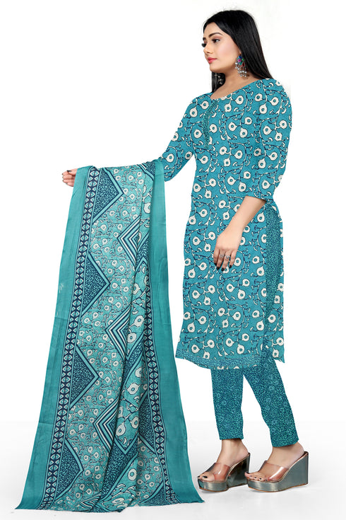 Aqua Cotton Blend Printed Unstitched Salwar Suit Material