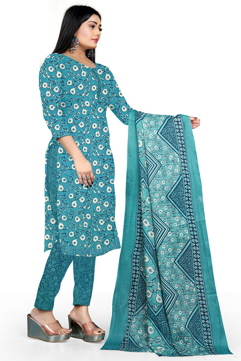 Aqua Cotton Blend Printed Unstitched Salwar Suit Material